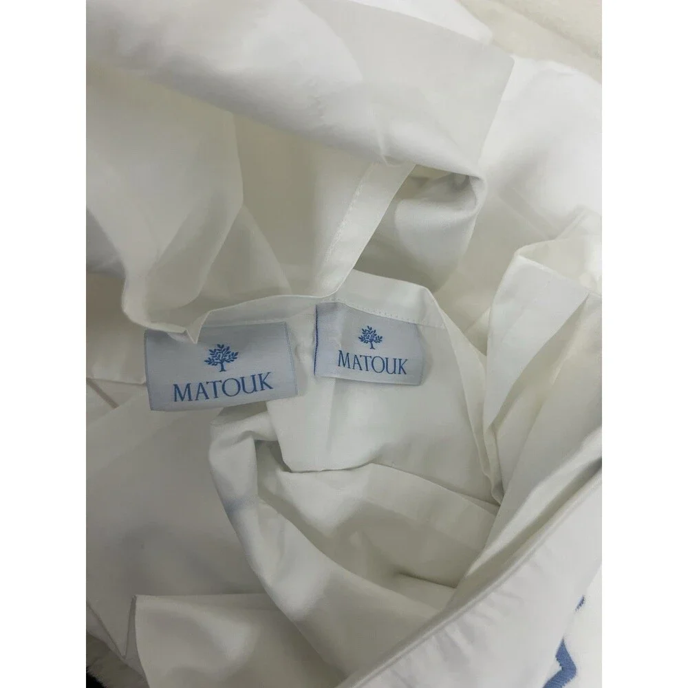 Matouk Astrid Cotton Percale King Duvet Cover Set White/Azure Blue - NWT $800
